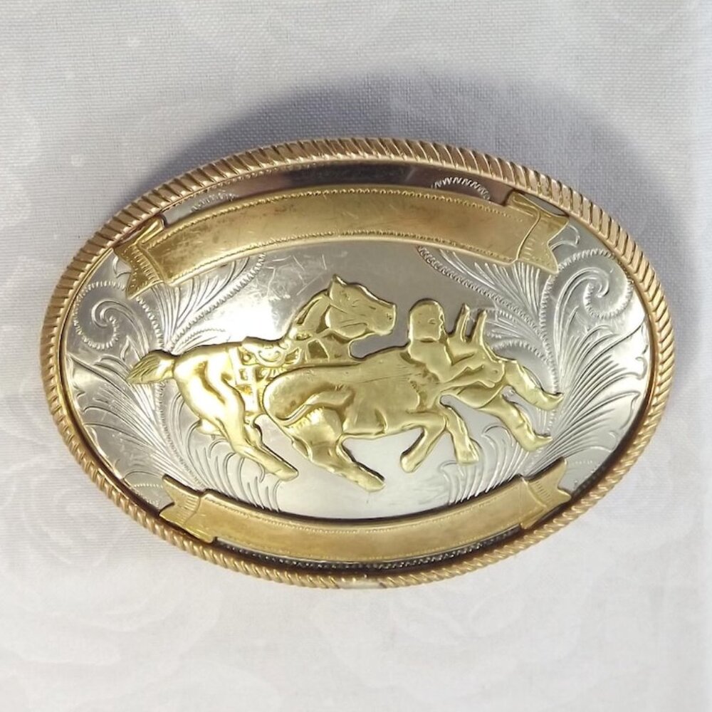 German Silver Steer Roping Western Belt Buckle